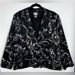 Chicos Silk Blazer Jacket Black White Print Classic Art To Wear Size 3 XL